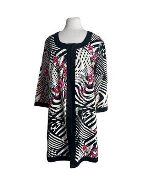 Emma G Size Large Floral Geometric Open Front Jacket Black White Tunic Length